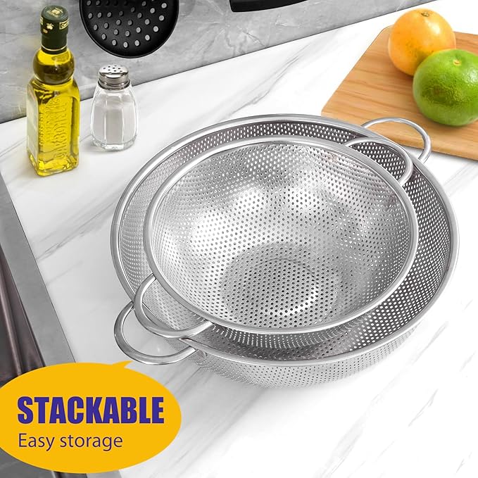 E-far 3QT & 5QT Colander Set of 2, Stainless Steel Micro-Perforated Colander Strainer with Handle for Kitchen/Draining Pasta/Rinsing Vegetables Fruits, Heavy Duty Metal & Dishwasher Safe