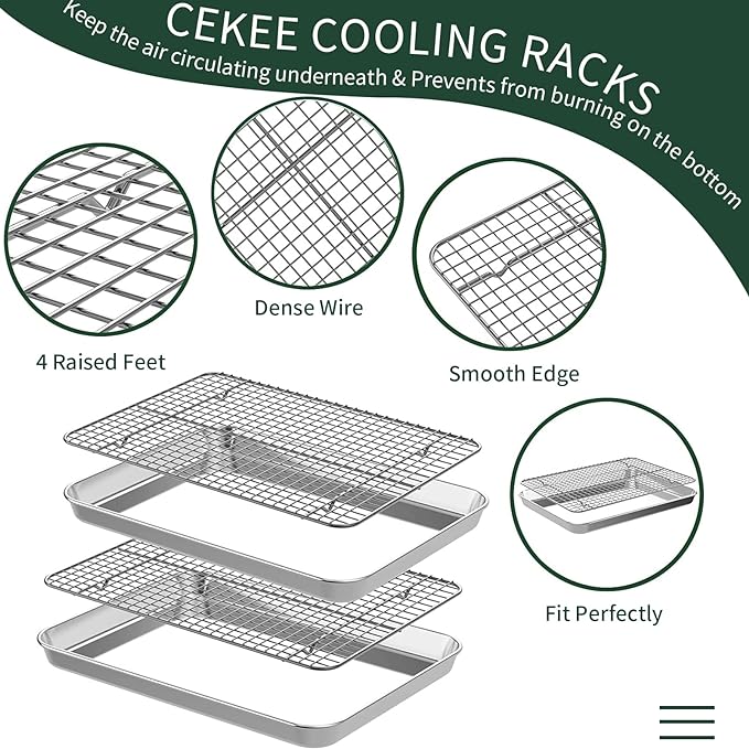 Small Baking Sheet with Rack Set [2 Cookie Sheets + 2 Baking Racks], CEKEE Stainless Steel Small Baking Pan and Grill Rack - Rust & Warp Resistant & Nonstick, Size 9.33 x 6.96 x 1 Inch