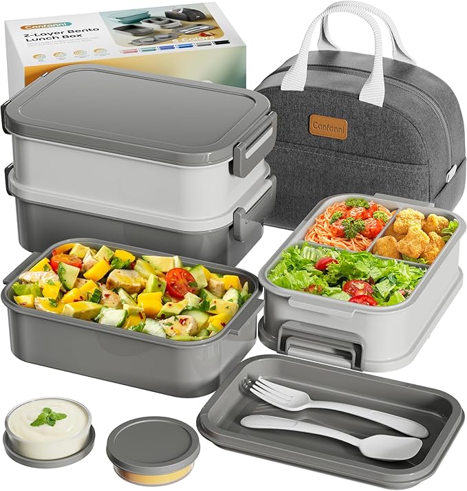 Adults Bento Box with Insulated Lunch Bag, 74oz Capacity 3 Stackable Leak-Proof Bento Box Built-In Utensil and Sauce, PFAS & BPA-Free, Microwave & Dishwasher Safe (Dusk Gray)