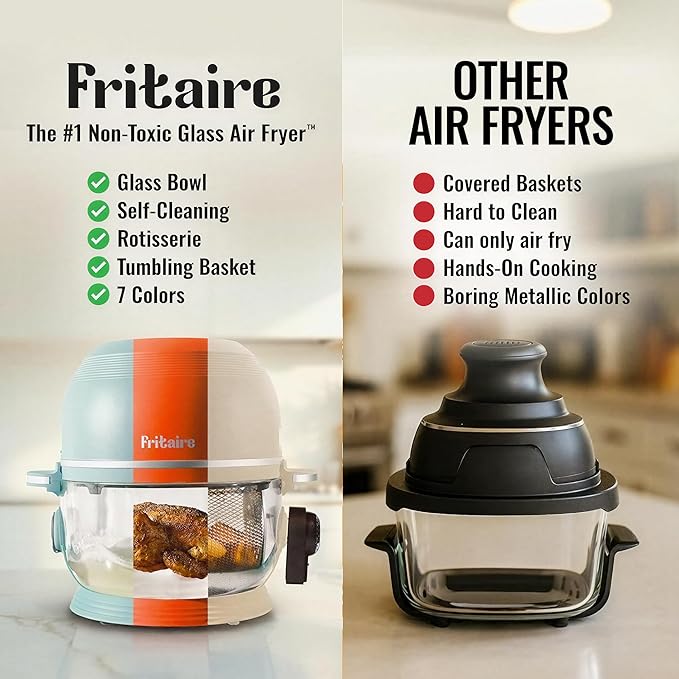 Non Toxic Air Fryer™ Pro | 9-in-1 Glass Air Fryer | Self-Cleaning | 5 Quart | Rotisserie and Tumbler | 400F Vortex For Even Cooking, BPA-Free Teflon Free, Recrisp, Roast, Bake, Sage