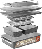 Bakken 8-Piece Stackable Bakeware Set – Ceramic Non-Stick, Oven-Safe Baking Sheets & Pans, PTFE/PFOA/PFOS-Free, Ergonomic Handles, Includes Cooling Rack – Healthy, Non-Toxic Baking Essentials