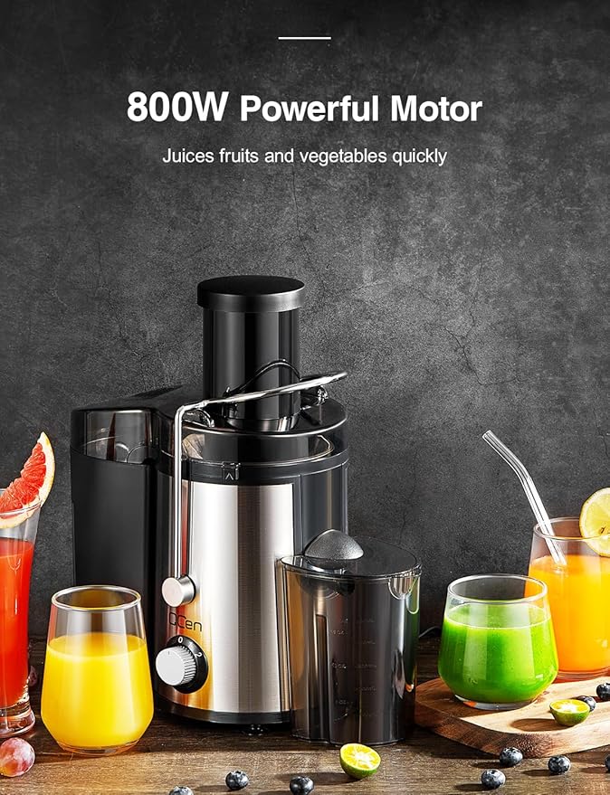 Qcen Juicer Machine, 800W Centrifugal Juicer Extractor with Wide Mouth 3” Feed Chute for Fruit Vegetable, Easy to Clean, Stainless Steel, BPA-free (Black)