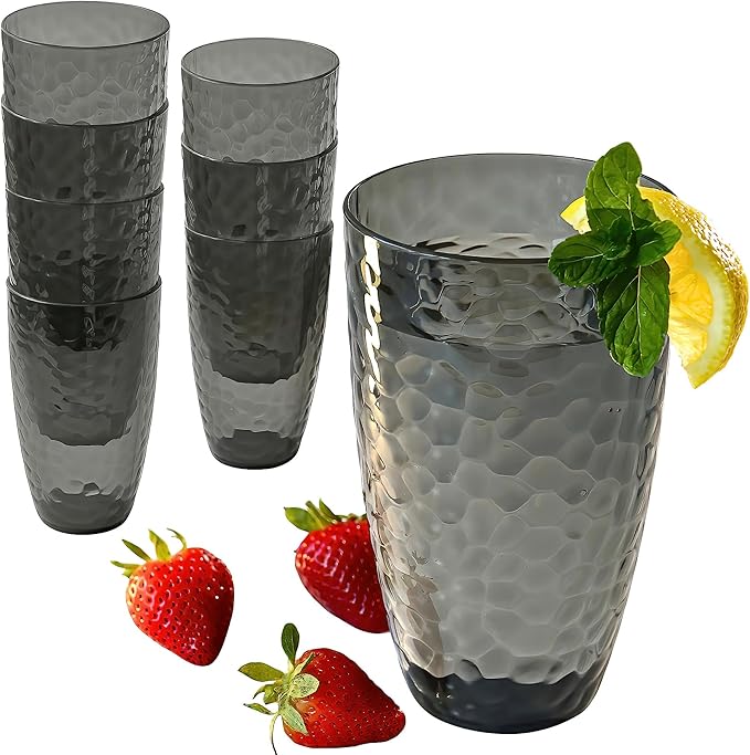 Kate Aspen Smoke Grey Hammered Plastic Tumblers, Plastic Drinking Glasses Set of 8, 23 oz, Large Shatterproof Cups Reusable for Outdoor Barware, Cocktails, BPA-Free Tumblers & Water Glasses