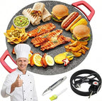 Non-Stick Electric Indoor Grill Pan, Smokeless Electric Griddle with Temperature Control, Round Baking Pan for BBQ, Steaks, Pancakes & Comal Electrico para Tortillas (28cm/11in)