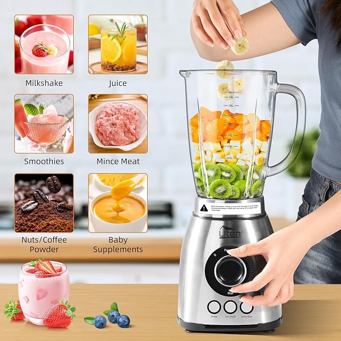 Uten 800 Watt Fast Countertop Blender for Smoothies and Shakes, Ground Coffee Beans, 60 Oz Glass Jar, 18 Speed Levels, 3 Programs Ice Crush, Smoothie, Pulse