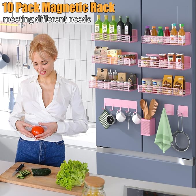 Magnetic Spice Rack for Refrigerator, 10 Pack Metal Magnetic Shelf, Moveable Spice Organizer with Hook Rack, Paper Towel Holder, Kitchenware Holder, Strong Magnetic Storage Fridge Organizer Pink