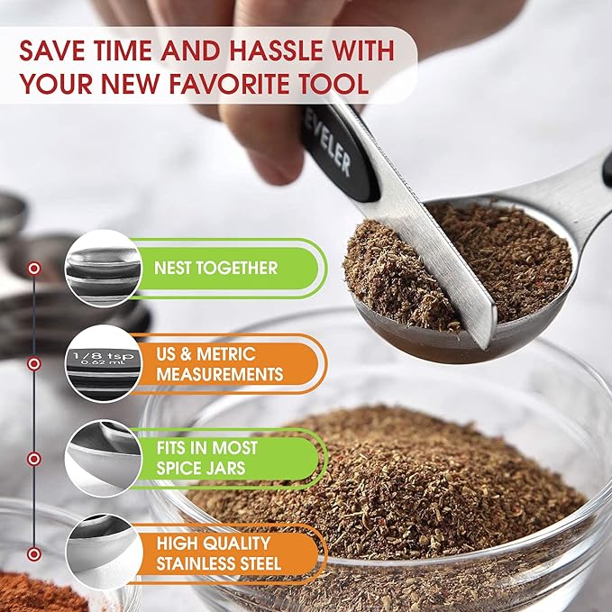 Spring Chef Stainless Steel Magnetic Measuring Spoons Set with Strong N45 Magnets, Heavy Duty Metal Kitchen Gadgets for Baking & Cooking, Fits in Most Kitchen Spice Jars, Set of 8 with Leveler, Black