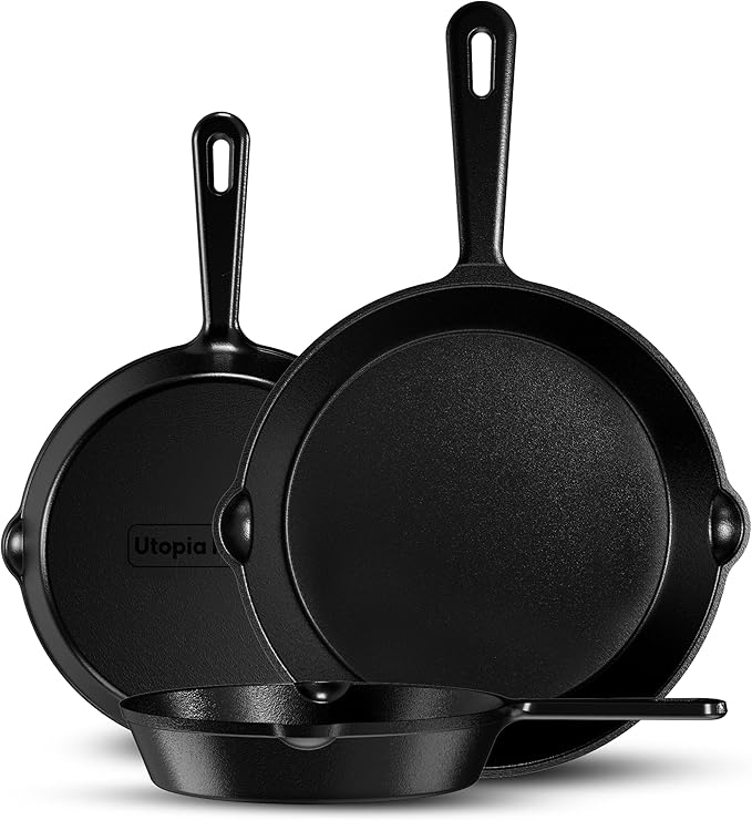 Utopia Kitchen Cast iron Skillets 3 Piece Set, Chefs Pan, Pre Seasoned Cast iron Skillets, 6, 8 & 10 Inches, Easy Use in the Oven, Stove, Grill, or Campfire, Black