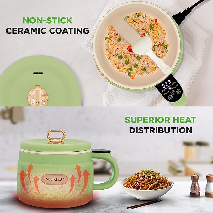 NutriChef 1.6 QT Portable Electric Rice Cooker & Lunch Maker | Multi-Functional & Non-Stick Ceramic Coating | Digital Control Panel | 6 Cook Functions: Rice, Soup, Stew, Porridge & More | Green