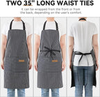 NLUS 2 Pcs Kitchen Cooking Aprons, Poly/Cotton Blend Adjustable Soft Bib Stripe Aprons with 2 Pockets for Women Men Chef (Blue Pinstripes/Black Pinstripes)