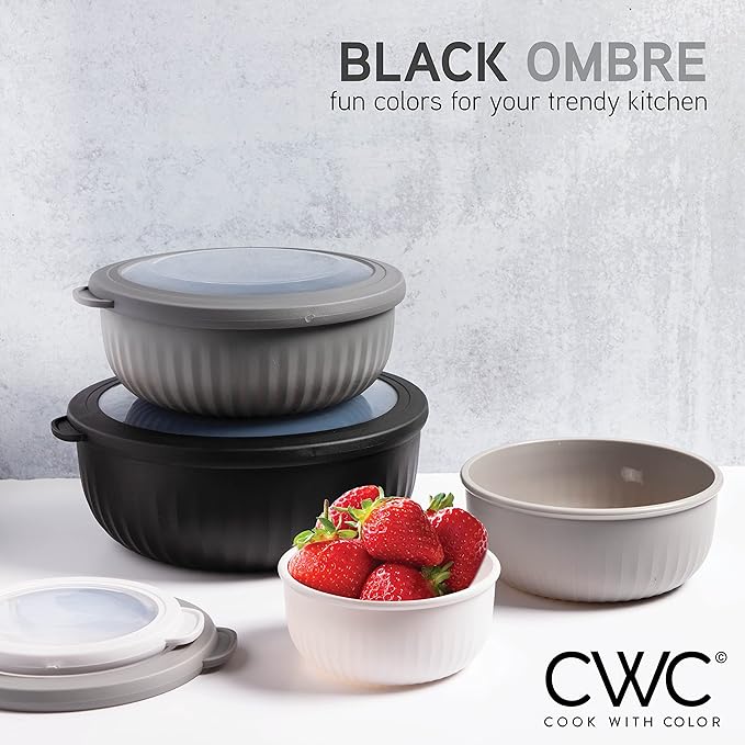 COOK WITH COLOR Prep Bowls with Lids- Wide and Deep Nesting Plastic Small Mixing Bowl Set with Lids, 8 Piece Set - Wide Bowls, Black/White