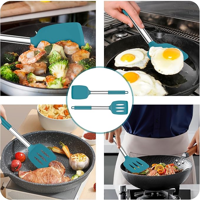 TeamFar Cooking Utensils Set, 4PCS Heatproof Silicone Utensil Kitchen Tools with Stainless Steel Handle, for Non-stick Cookware Flipping Frying Draining, Nontoxic & Non scratch, Easy Clean - Navy Blue