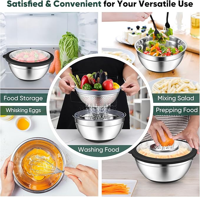 P&P CHEF Mixing Bowls with Lids Set of 3, Stainless Steel Mixing Bowl and Colander for Kitchen, 3 Grater Attachments & Non-Slip Bottoms, Visible & Airtight Lid, Black
