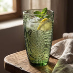 Vintage Green Drinking Glass, 16 oz Hand-Pressed Deep Textured Glass Cup, Fern Embossed Retro Glassware, Decorative Tumbler for Water, Cocktails & Juice, Boho Colored Kitchen Drinkware, Unique Gift