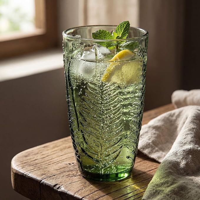 Vintage Green Drinking Glass, 16 oz Hand-Pressed Deep Textured Glass Cup, Fern Embossed Retro Glassware, Decorative Tumbler for Water, Cocktails & Juice, Boho Colored Kitchen Drinkware, Unique Gift