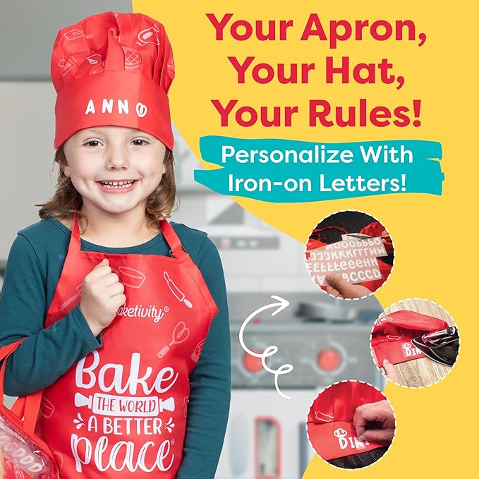 Baketivity Kids Chef Hat and Apron Set for Boys & Girls - One Size Fits All (Adjustable) - Premium, Washable Apron and Hat Set for Cooking - Young Chefs & Junior Bakers Chef Outfit for Kids