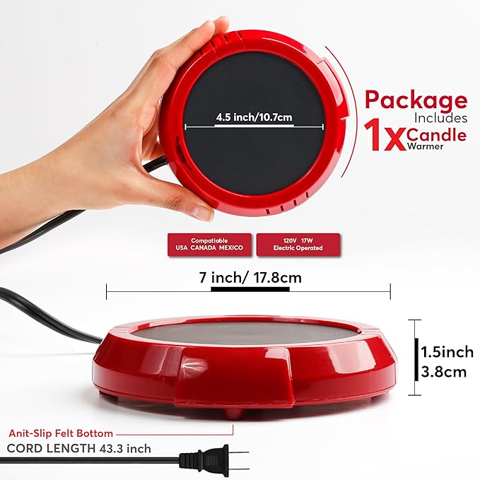 Large Candle Warmer Plate Safely Releases Scents Without a Flame - Used as Candle Jar & Coffee Warmer for Home & Office, 1 Pack, Red