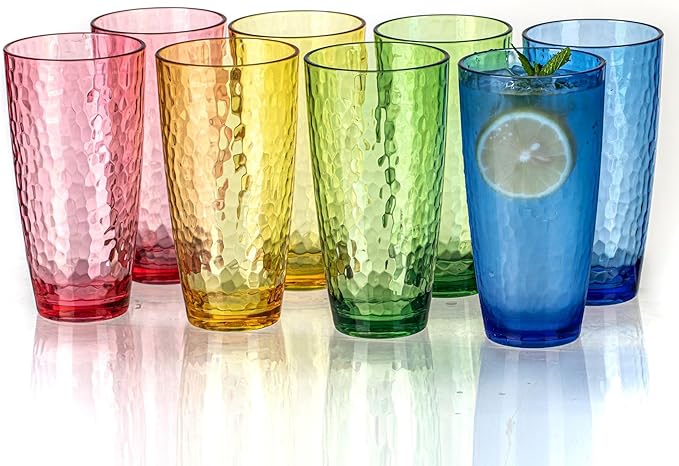 26oz Colorful Acrylic Glasses Drinkware (Set of 8), Hammered Design Shatter-Proof Plastic Cups, Reusable Plastic Drinking Tumblers, Stackable, BPA-Free, Dishwasher-Safe…