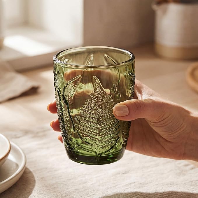 Vintage Green Drinking Glasses Set of 8 - 10 oz Hand-Pressed Deep Textured Glass Cups, Fern Embossed Retro Vintage Glassware, Decorative Cocktail Tumblers for Home & Bar, Colored Drinkware Gift Set