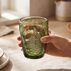 Vintage Green Drinking Glasses Set of 8 - 10 oz Hand-Pressed Deep Textured Glass Cups, Fern Embossed Retro Vintage Glassware, Decorative Cocktail Tumblers for Home & Bar, Colored Drinkware Gift Set