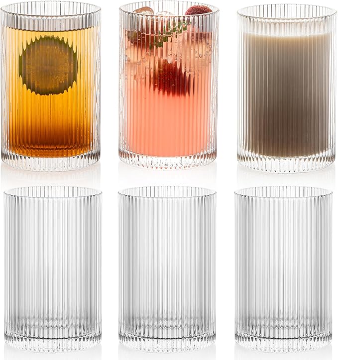 Vintage Ribbed Glassware Set: 6pcs 16.9oz XL Drinking Glasses, Fluted Ripple Drinkware, Origami Style, Elegant Glassware for Whiskey, Cocktail, Iced Coffee, Juice, Beer, Soda