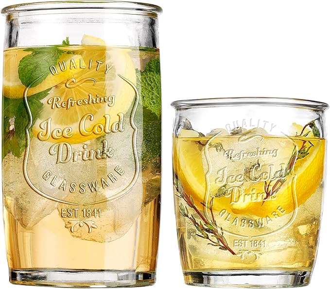 Glaver's Ice Cold Set of 8 Drinking Glasses 4-20 Oz Highball Glasses, and 4-13 Oz Whiskey Glass Cups For Everyday Home Use Water glasses, Beer, Juice, Cocktail.