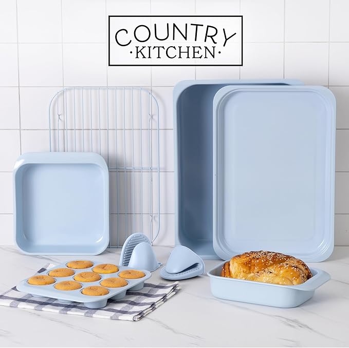 Country Kitchen Nonstick Stackable Bakeware Set - Deluxe Heavy Duty, Durable, Easy Release Baking Set, 8 Pcs, Light Blue