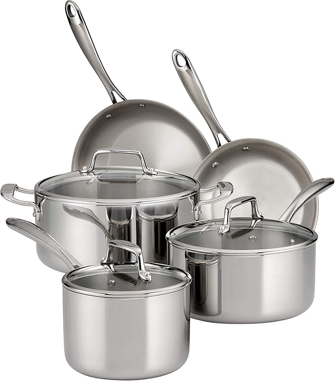 Tramontina Tri-Ply Clad Stainless Steel 8-Piece Cookware Set with Glass Lids, Pots and Pans Kitchen Set, Induction-Ready, Dishwasher-Safe, NSF-Certified