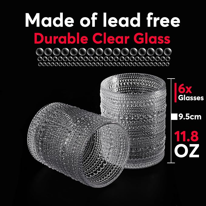 Hobnail Drinking Glasses, Vintage Glassware Set of 6, Vintage Drinking Glasses 11.8 oz, Bubble Glasses Drinking, Hobnail Glasses, Vintage Glass Cups, Jupiter Glasses for Juice, Soda, Beer, Whisky