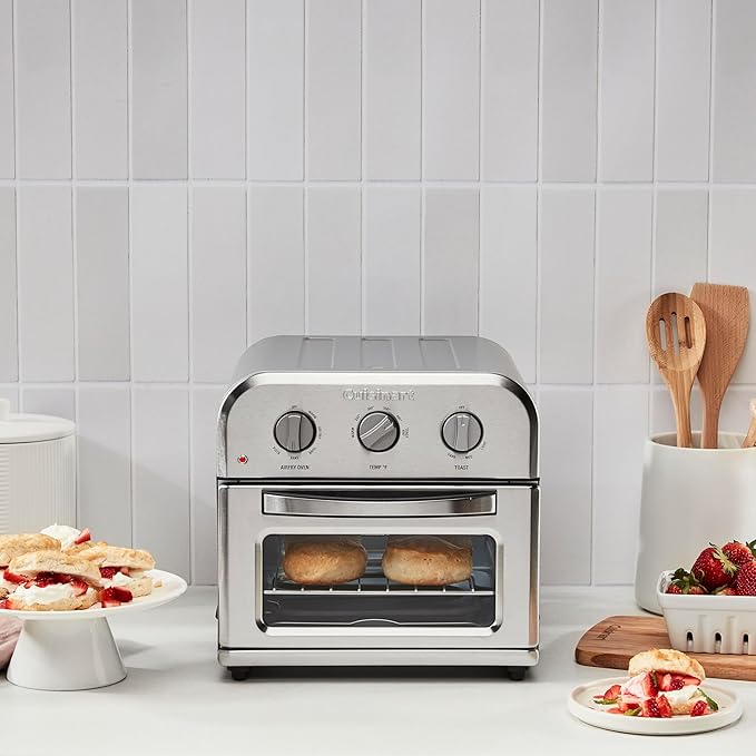 Cuisinart Compact Air Fryer Toaster Oven, Stainless Steel Fryer with 6-in-1 Functions, Adjustable Temperature, Includes Oven Rack, Baking Pan and Air Fry Basket, TOA-26