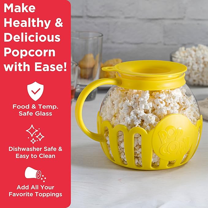 Ecolution Patented Micro-Pop Microwave Popcorn Popper with Temperature Safe Glass, 3-in-1 Lid Measures Kernels and Melts Butter, Made Without BPA, Dishwasher Safe, 3-Quart, Yellow