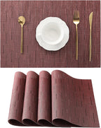 Leetaltree Burgundy Placemats Set of 4 - Heat Resistant Non-Slip Place mats for Dining Table, Washable Durable PVC Vinyl Woven Table Mats（Burgundy, 4）
