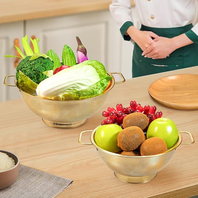 Gold Strainer for Kitchen, 5QT, Stainless Steel Colander with Handle for Fruits Vegetables Cooking Food, Dishwasher Safe