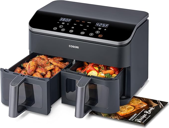 COSORI Dual Air Fryer 9Qt – 10-in-1, Fresh Balanced Meals for Family and Children with Double Baskets, Sync Cook & Finish to Bake, Roast, Reheat, Broil & 130 Recipes for Easy Cooking, Dishwasher Safe
