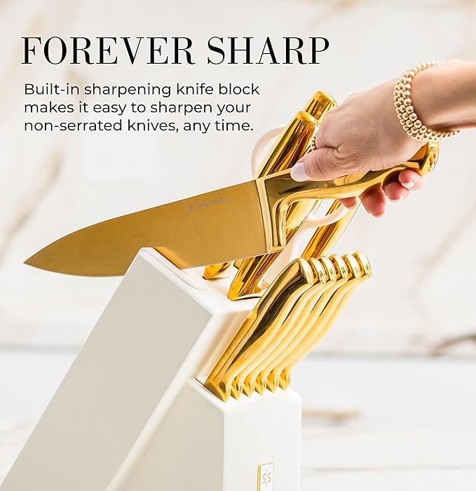 STYLED SETTINGS White and Gold Knife Set with Block – 14-PC Full Tang Titanium-Coated Stainless Steel Gold Knives and White Knife Block with Built-In Sharpener – Luxury Kitchen Accessories