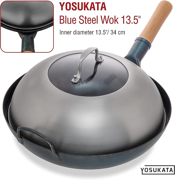 YOSUKATA Wok Lid 12.8 In for 13.5-In Wok - Premium Stainless Steel Cover with Tempered Glass Insert Steam Holes and Ergonomic Handle - Durable Stainless Steel Accessories - Dishwasher-Safe