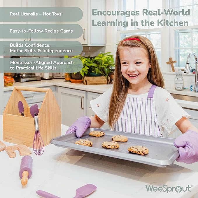 WeeSprout Little Chef Kids Cooking & Baking Set, 14 Piece Cooking Set with Real Kitchen Tools & Kids Apron, Baking Gift for Girls, Boys & Junior Chefs, Food Grade Materials, Choice of Colors
