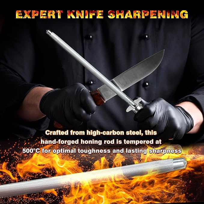 Knife Sharpener Rod, Kitchen Knives Sharpener Carbon Steel Professional Knife Sharpening Steel, Honing Rod with Hanging Holes (13 inches), S