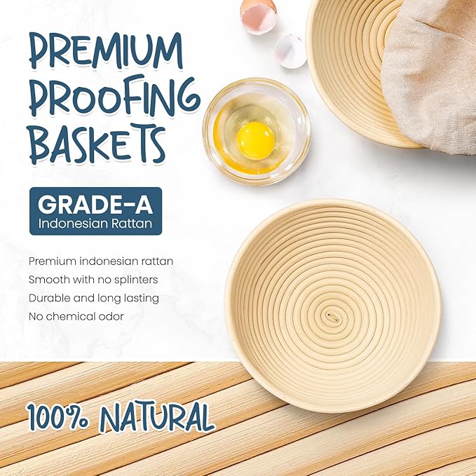 Rorecay Banneton Bread Proofing Baskets Set of 2, 9 Inch Round Cane Sourdough Bread Rising Basket Bowls with Sourdough Bread Making Tools Baking Supplies for Sour Dough Proofing Fermentation