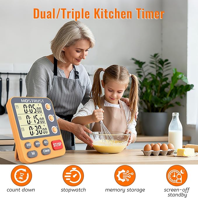 Digital Dual Kitchen Timer, 3 Channels Countdown Triple Timer for Cooking, Magnetic Memory-Preset Large Display Adjustable Alarm Volume, Multi Times Management, 3A Battery Included, Orange