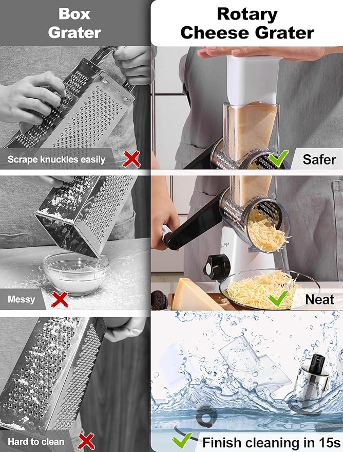Cheese Grater Rotary, Rotary Grater for Kitchen, Kitchen Grater Vegetable Slicer with 3 Drum Blades, Fast Cutting Cheese Shredder for Vegetables and Nuts