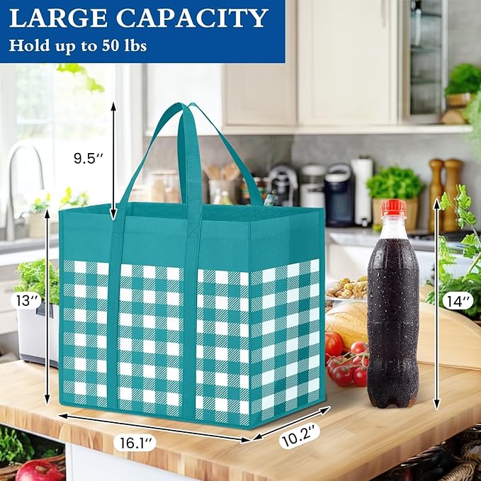 WISELIFE Reusable Grocery Shopping Bags 10 Pack Large Foldable Tote Bags Bulk, Eco Produce Bags with Long Handle for Shopping Groceries Clothes (Plaid B)