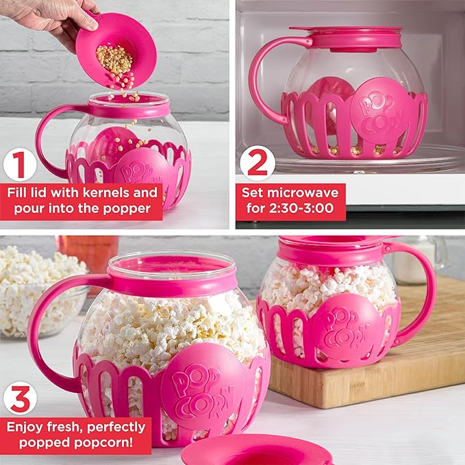 Ecolution Patented Micro-Pop Microwave Popcorn Popper with Temperature Safe Glass, 3-in-1 Lid Measures Kernels and Melts Butter, Made Without BPA, Dishwasher Safe, 3-Quart, Hot Pink