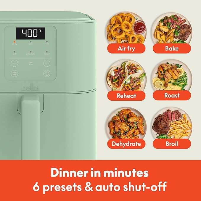 bella 6 Qt Slim Air Fryer, Fits-anywhere™ Kitchenware, EverGood™ Ceramic Nonstick Coating, Adjustable Temperature, 6 Preset Cooking Options, 60 Min Auto Shutoff w Audible Tone, 5lb Capacity, Seaglass