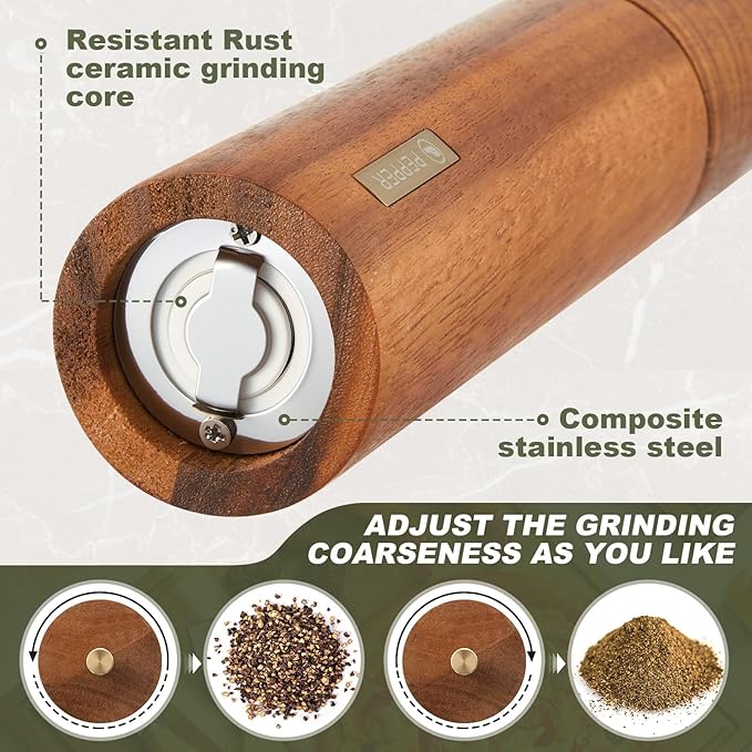 Wooden Salt and Pepper Grinder Set 11.8 Inch Manual Salt and Pepper Mill with Tray Adjustable Coarseness and Refillable Wood Grinders with Gold Bottle Label for Kitchen(Wood Color)