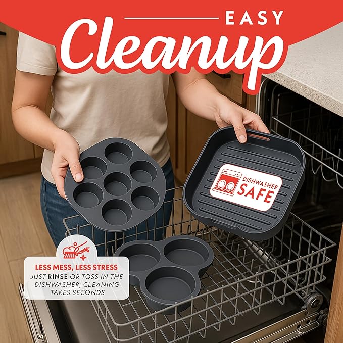 Gourmia Air Fryer Accessories Set - 3 Piece Silicone, Liner, Egg Bite Cooker, 7-Hole Cupcake Mold, BPA-Free, Nonstick, Heat Resistant 445°F, Dishwasher Safe, Food Grade
