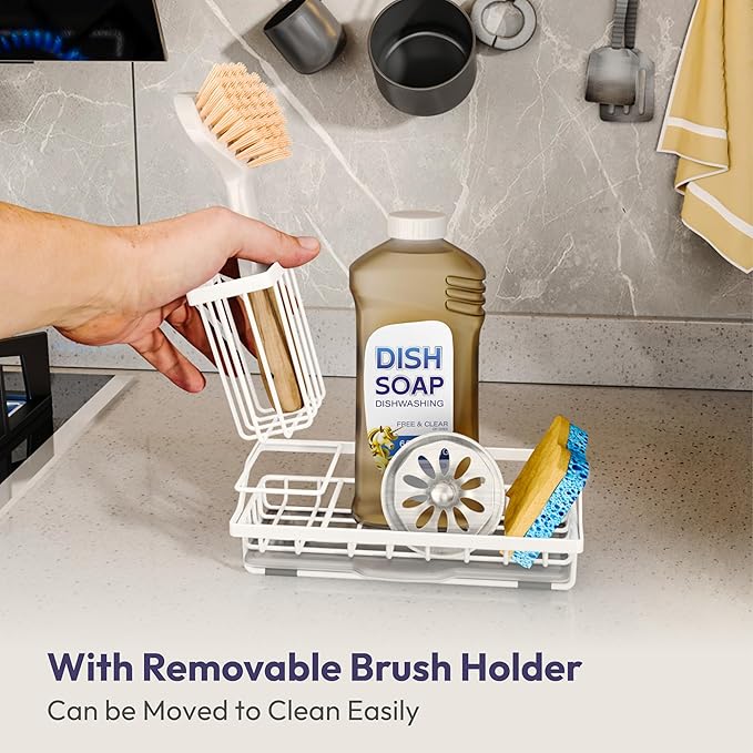 SWTYMIKI Sink Caddy Sponge Holder - Kitchen Sink Organizer with High Brush Holder for Countertop to Hold Dish Soaps and Sponges, Stainless Steel, White