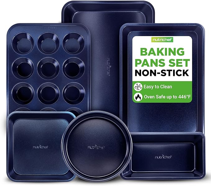 NutriChef 6-Piece Nonstick Baking Pans - Carbon Steel Non toxic Bakeware set with Cookie Sheets, Muffin, Loaf, Round & Square Pan - Restaurant Quality Baking Tray, Easy Clean, Dishwasher & Oven Safe