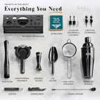 BARE BARREL® Mixology Bartender Kit Bar Set | 16-Piece Cocktail Shaker Set | Martini Barware Mixing Tools for Home Bartending | Incl. 35 Recipe Cards | Gift Set (24oz Cobbler Shaker, Jet Black/Black)