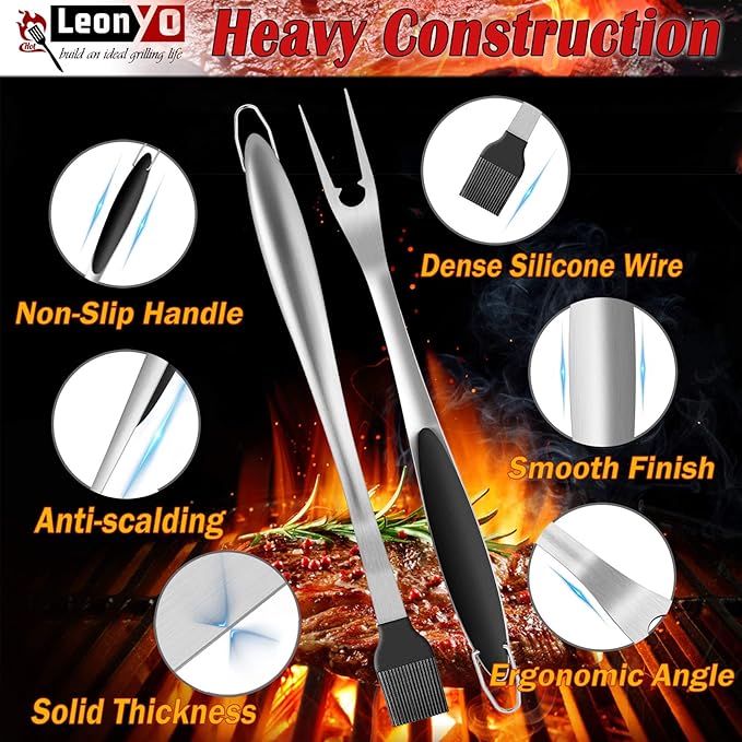 Leonyo Grill Tools Set of 6, 18Inch Extra-Long BBQ Tool Set, Heavy-Duty Barbecue Grilling Accessories, Stainless Steel Spatula, Fork, Tong, Basting Brush, Cleaning Brush, Carrying Bag